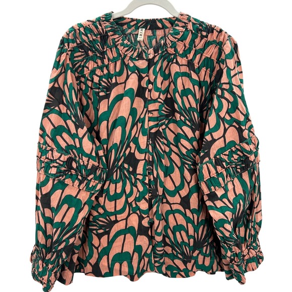 Mirth Tops - Mirth Caftan Adaman Handmade Collection Cotton Floral Button Ruffle Blouse XL